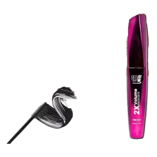 Ekom 2X Volume Mascara in black, showcasing curled, voluminous lashes with smudgeproof, long-lasting formula in a sleek tube