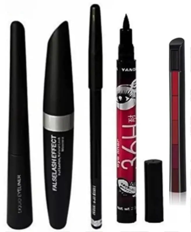 Set of five ekom waterproof eyeliners, mascaras, eyebrow pencils, and kajals displayed in the all beauty product pack.