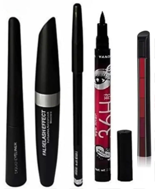 Set of five ekom waterproof eyeliners, mascaras, eyebrow pencils, and kajals displayed in the all beauty product pack.