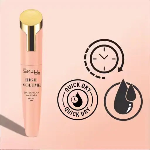 Ekom waterproof mascara with smudgeproof, intense black finish, showing the mascara wand and product packaging.