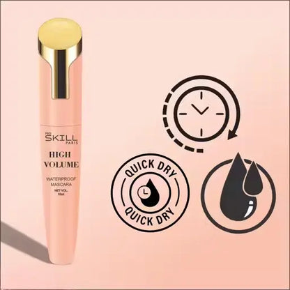 Ekom waterproof mascara with smudgeproof, intense black finish, showing the mascara wand and product packaging.