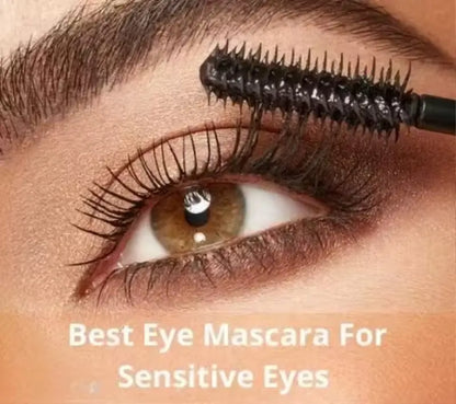 Ekom waterproof mascara with smudgeproof, intense black finish, natural close-up of the mascara tube and brush.