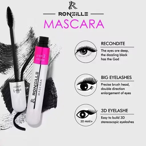 Ekom 2-in-1 mascara for women, volumizing and lengthening, smudge-proof, black mascara brush with tapered bristles.