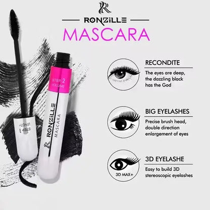 Ekom 2-in-1 mascara for women, volumizing and lengthening, smudge-proof, black mascara brush with tapered bristles.