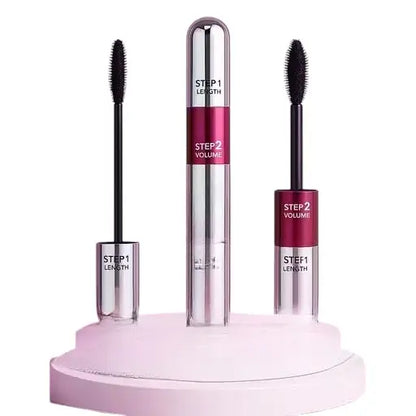 Ekom 2-in-1 mascara for women, volumizing and lengthening, smudge-proof formula, in sleek black tube with a brush applicator.