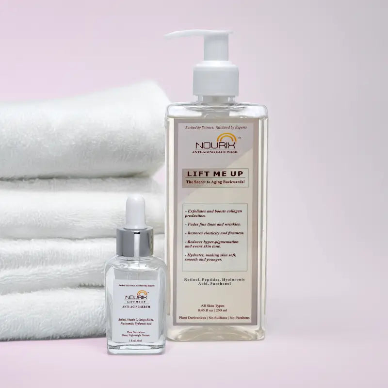 Ekom Nourix Lift Me Up Serum and Face Wash combo, all-in-one skincare set with serum and face wash bottles, natural beauty products