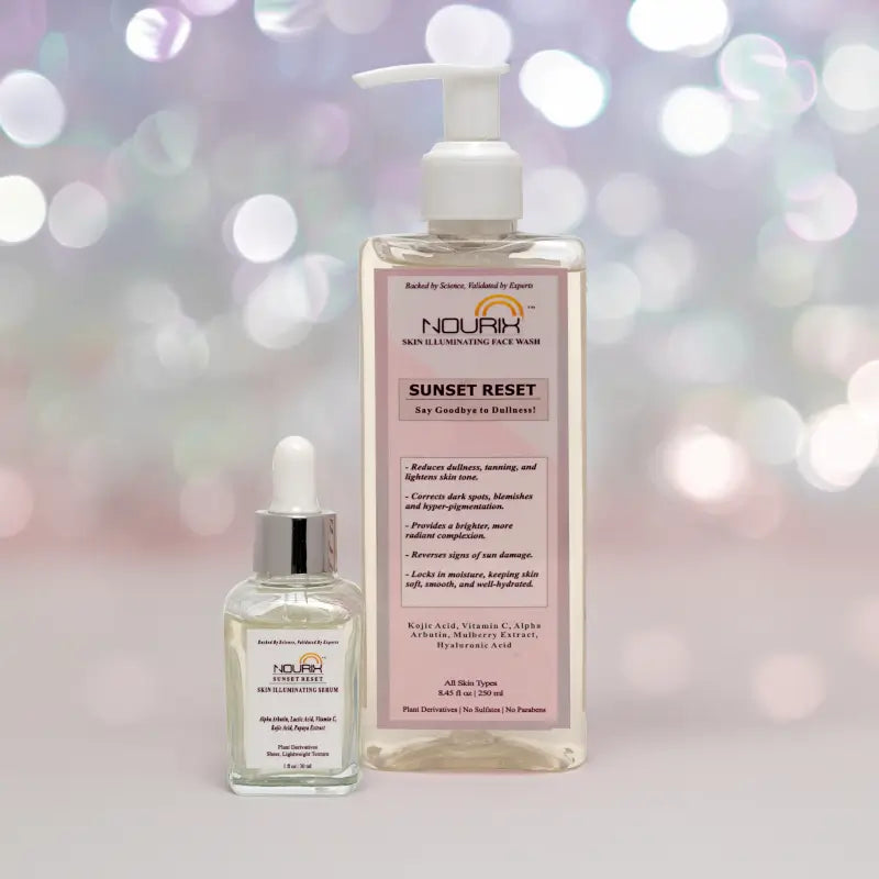 Ekom Nourix Sunset Reset Serum and Face Wash combo, all beauty skincare set with nourishing products for glowing skin.