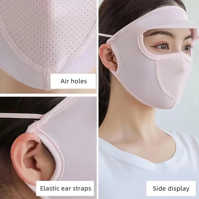 Women's full face UV protection cap by Ekom designed for outdoor furniture use, featuring a wide brim and breathable fabric.