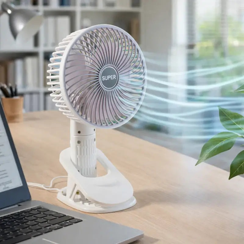 Ekom portable USB fan for handheld and desktop use, compact rechargeable cooling fan with plug-and-play convenience.