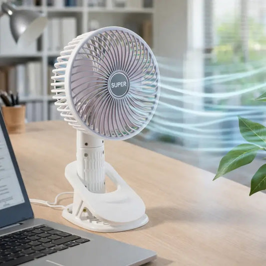 Ekom portable USB fan for handheld and desktop use, compact rechargeable cooling fan with plug-and-play convenience.