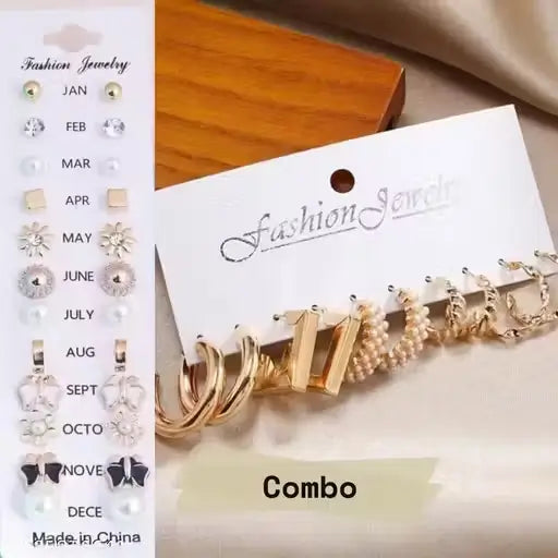 Set of 17 Ekom metal stud earrings for girls, featuring various small and simple jewelry designs in a jewelry and watches collection.