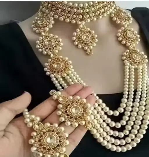 Gold-plated alloy bridal jewelry set with American diamonds, adjustable full set for women by Ekom, including necklace and earrings.