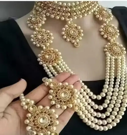 Gold-plated alloy bridal jewelry set with American diamonds, adjustable full set for women by Ekom, including necklace and earrings.