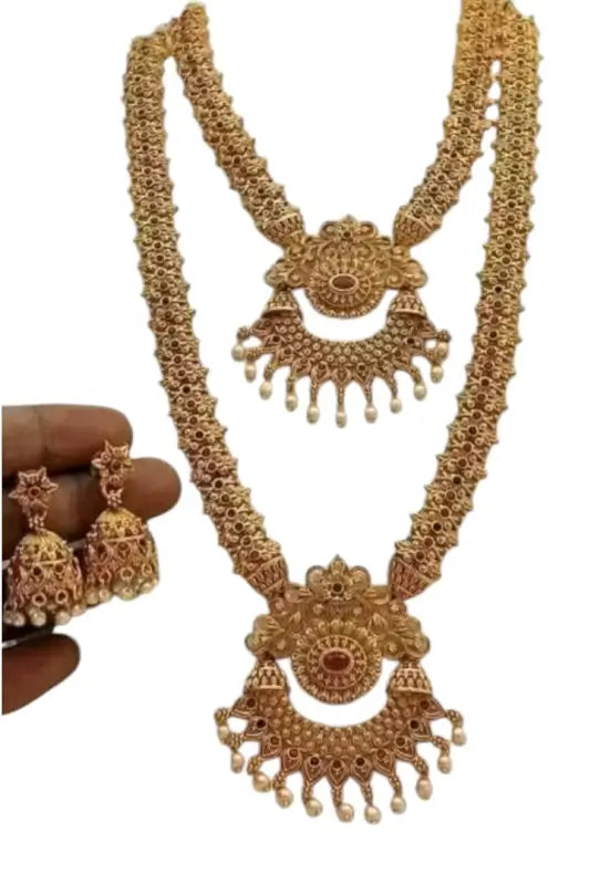 Gold-plated alloy Princess Unique jewellery set with pearl earrings and adjustable haram, featuring elegant design by Ekom.