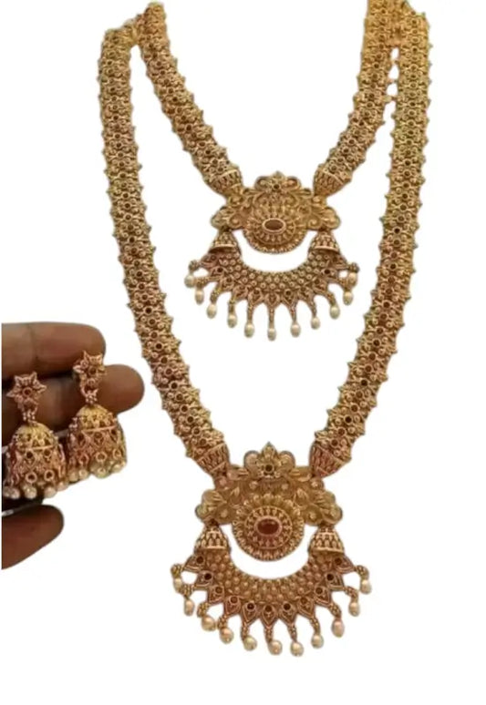 Gold-plated alloy Princess Unique jewellery set with pearl earrings and adjustable haram, featuring elegant design by Ekom.