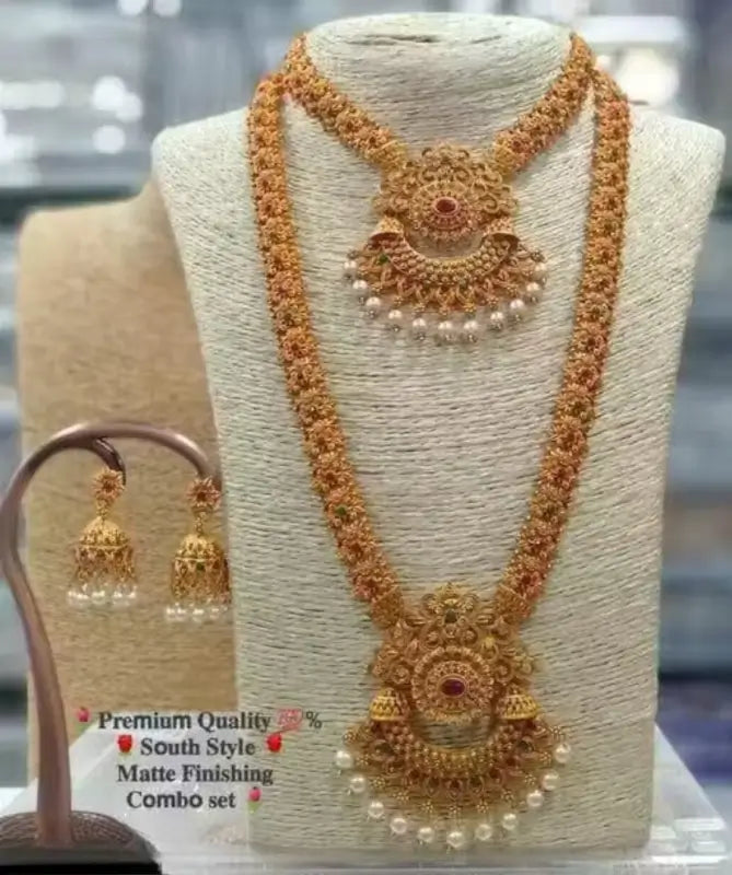 Ekom Princess Unique Jewellery Set with gold-plated alloy haram and pearl earrings, adjustable jewelry for elegant style.