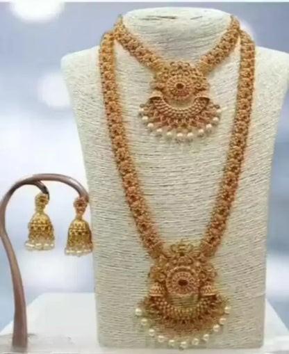 Gold-plated alloy Princess Unique Jewellery Set with pearl earrings and adjustable haram by Ekom, perfect for elegant occasions.