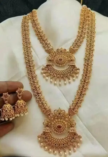 Ekom Princess Unique Jewelry Set featuring gold-plated alloy haram and earrings with pearls, adjustable for elegant style.