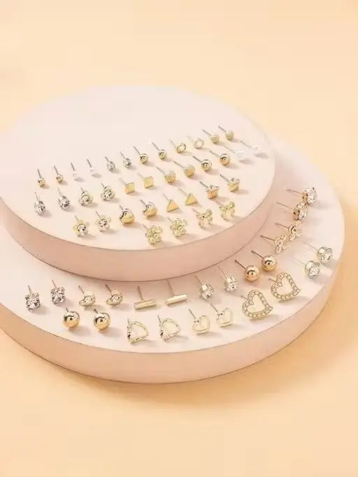 Gold plated multicolor pearl and AD stud earrings from Ekom jewelry, featuring a set of 30 pairs of stylish stud earrings.
