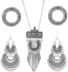 Silver oxidized mirror work jhumka earrings and matching necklace set by Ekom, elegant jewelry for women and girls