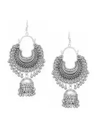 Silver oxidized mirror work jhumka earrings and matching necklace set for women and girls, elegant jewelry from Ekom.