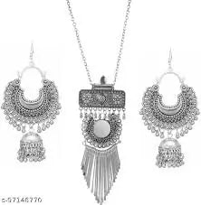 Silver oxidised mirror work jhumka earrings and matching necklace set by Ekom, stylish jewelry for women and girls.