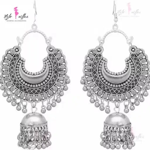 Silver bold necklace and earrings set for women featuring oxidized finish, stylish partywear jewelry by Ekom.