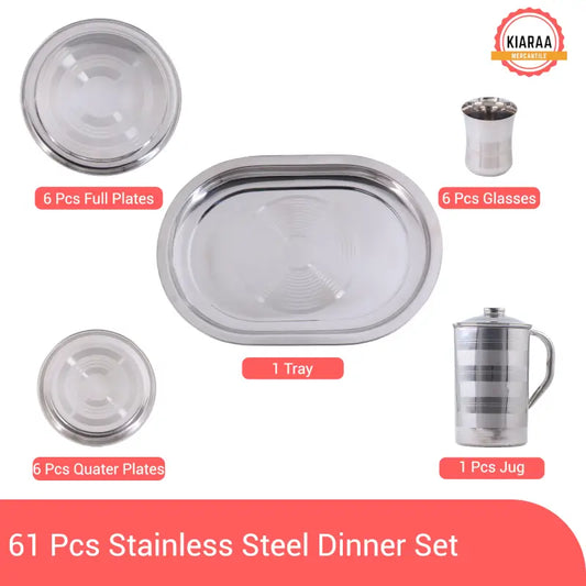Ekom KIARAA 61-piece stainless steel dinner set with plates, bowls, and utensils for kitchen and dining use