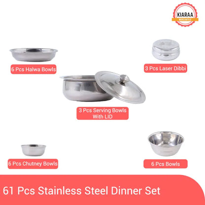 Ekom KIARAA 61-piece stainless steel dinner set with plates, bowls, and utensils for kitchen and dining use.