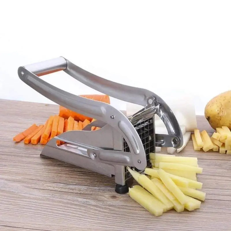 Ekom stainless steel French fries and vegetable cutter with adjustable blades for slicing potatoes into chips and vegetables.
