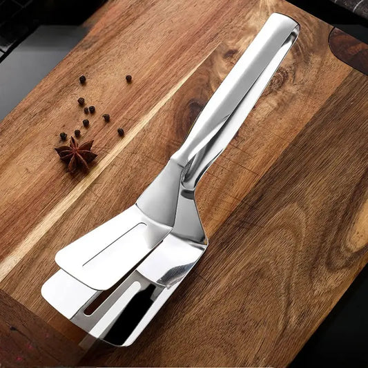 Ekom stainless steel multifunction cooking and serving tong with clip clamp for frying, grilling, and BBQ kitchen use.