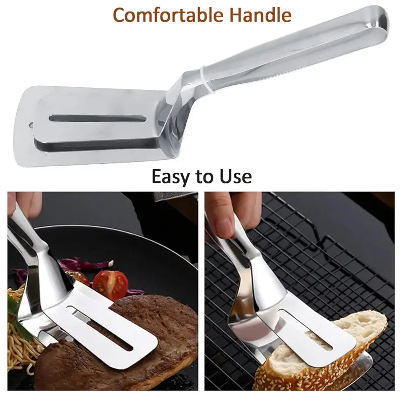 Ekom stainless steel multifunction cooking and serving tong with clamp for frying, flipping, and BBQ grilling in the kitchen.