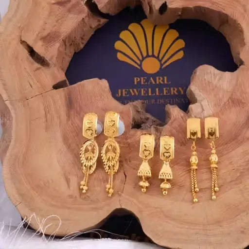 Gold-plated brass drop earrings for women and girls, featuring elegant, curved design with shiny finish.