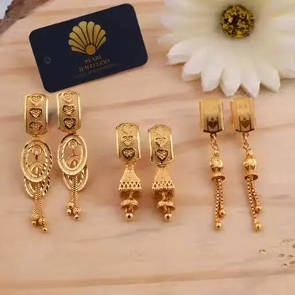 Brass gold-plated drop earrings for women and girls, featuring a stylish combo earring design by Ekom.