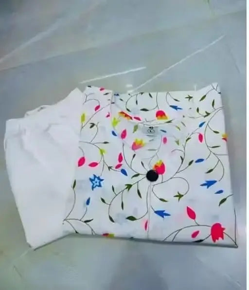 Ekom men's white printed cotton kurta set with matching pant and dupatta, available in XXS to XXXL sizes.