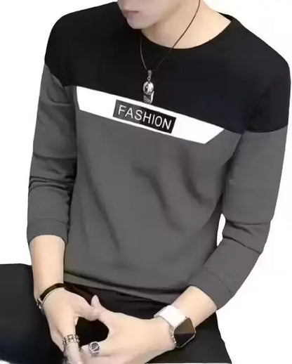 Men’s grey Ekom cotton blend round neck printed T-shirt with full sleeves, available in S to XXL sizes.