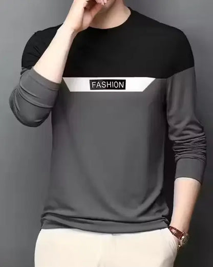 Men’s grey Ekom cotton blend full sleeve printed T-shirt with round neck, available in S to XXL size.