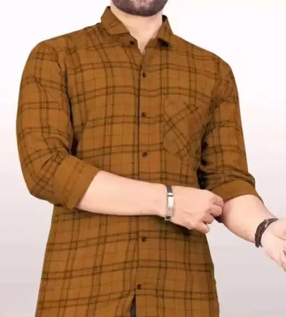 Men’s orange cotton blend full sleeve checked shirt by Ekom, suitable for formal, casual, and party wear in M to XXL sizes.