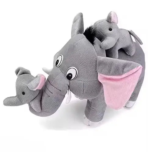Ekom mother elephant plush toy with two baby elephants, soft grey stuffed animal set for children, cuddly toy for kids.