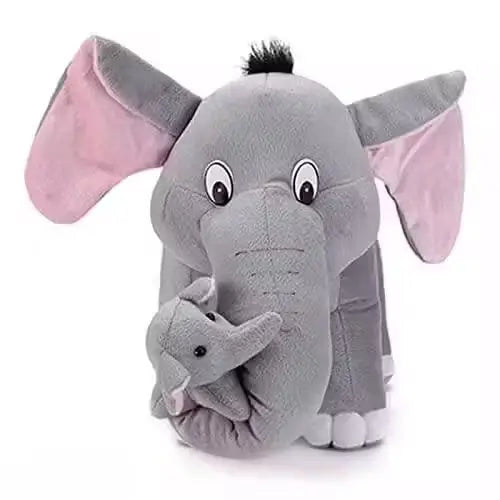 Ekom mother elephant with two baby plush toys, soft grey stuffed animal set for children, realistic and cuddly toy collection.
