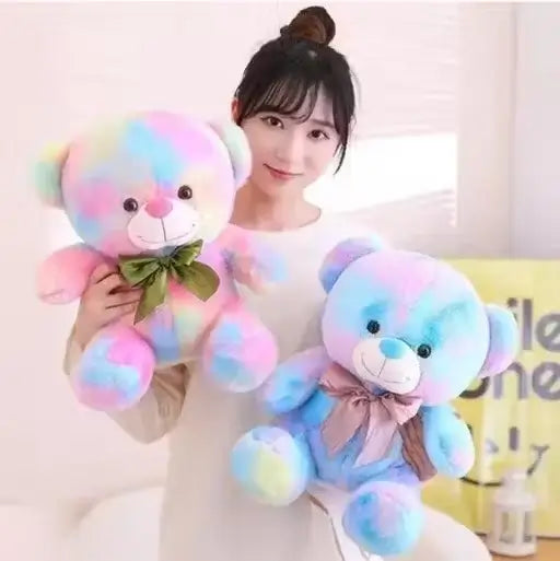 Cute multicolor teddy bear soft toy from Ekom, 35 cm plush stuffed animal with rainbow design, perfect for cuddling and play.