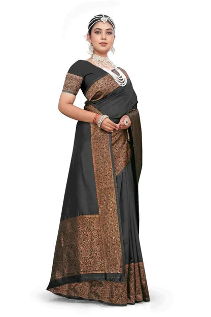 Elegant black silk saree from Ekom's Royal Black Copper Zari Collection, featuring intricate copper zari embroidery for women.