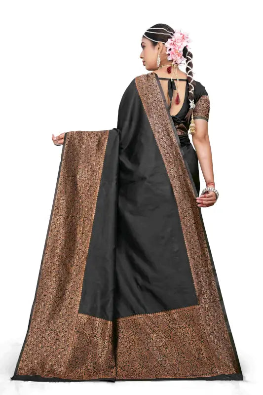 Elegant black silk saree from Ekom's Royal Black Copper Zari Collection, featuring intricate zari work for women.