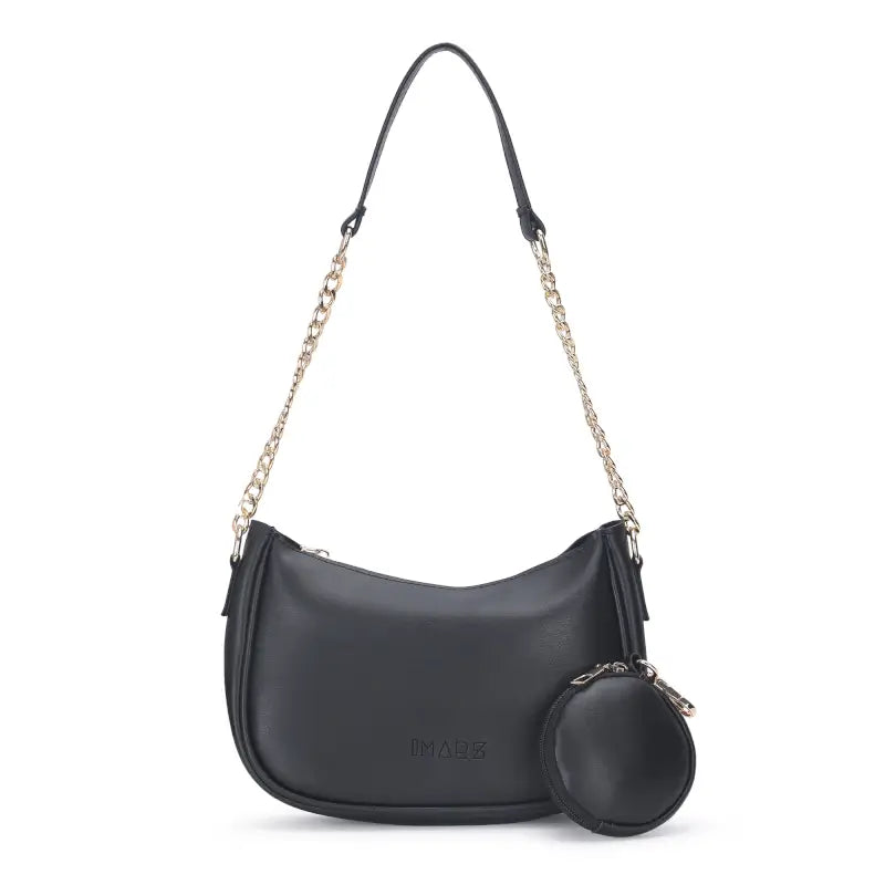 Black Ekom small classic chain shoulder bag made of vegan leather, featuring a sleek design for women and girls.