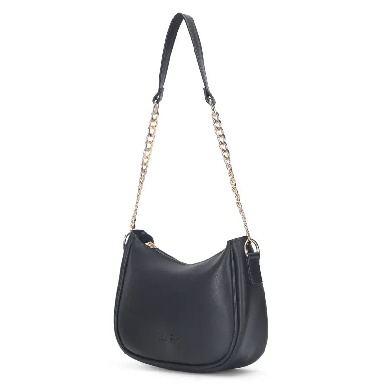 Black vegan leather small chain shoulder bag for women by Ekom, featuring a classic design and versatile style.