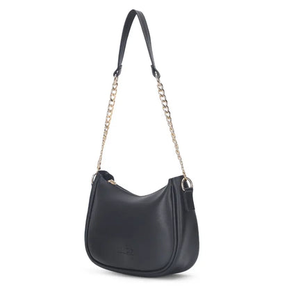 Black vegan leather small chain shoulder bag for women by Ekom, featuring a classic design and versatile style.