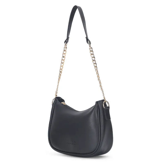 Black vegan leather small chain shoulder bag for women by Ekom, featuring a classic design and versatile style.