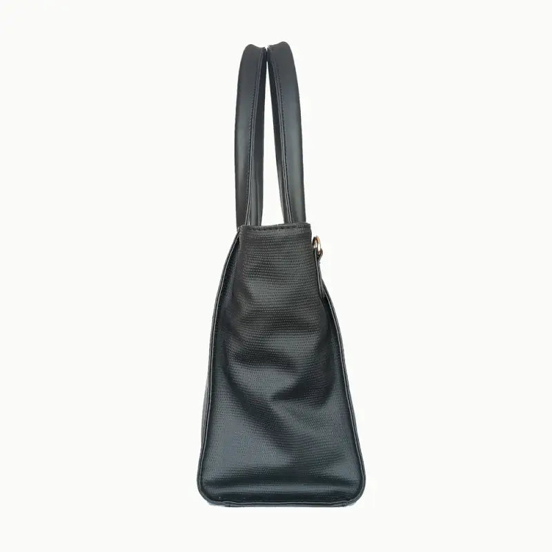 Black vegan leather shoulder handbag for women and girls, stylish Ekom brand bag with a sleek design and practical size.
