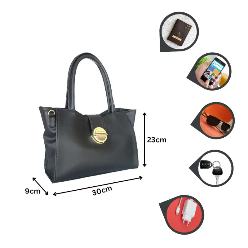 Black vegan leather shoulder handbag for women and girls, stylish Ekom tote with sleek design and comfortable shoulder strap.