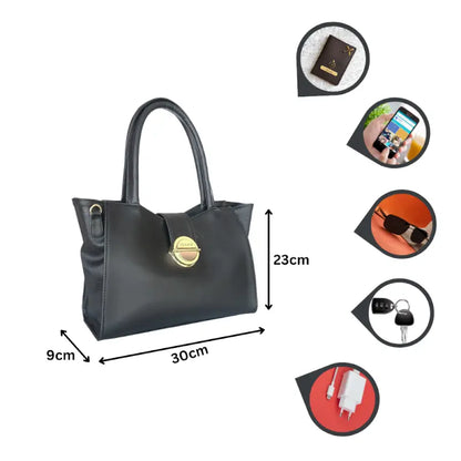 Black vegan leather shoulder handbag for women and girls, stylish Ekom tote with sleek design and comfortable shoulder strap.